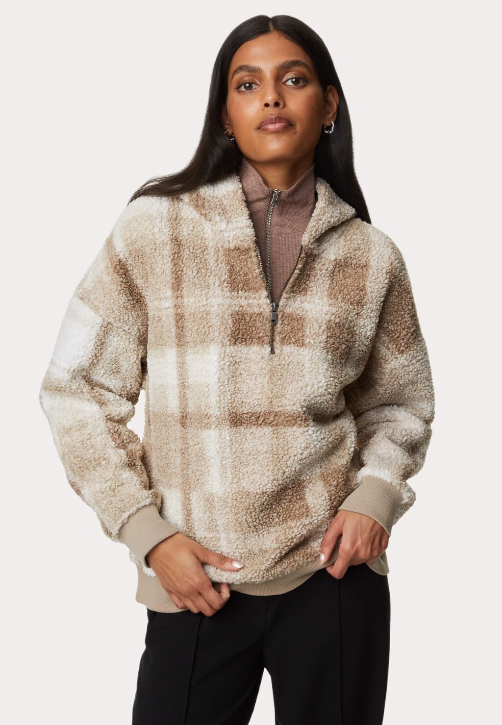 

Флисовый джемпер BORG CHECKED HALF ZIP Marks & Spencer, коричневый