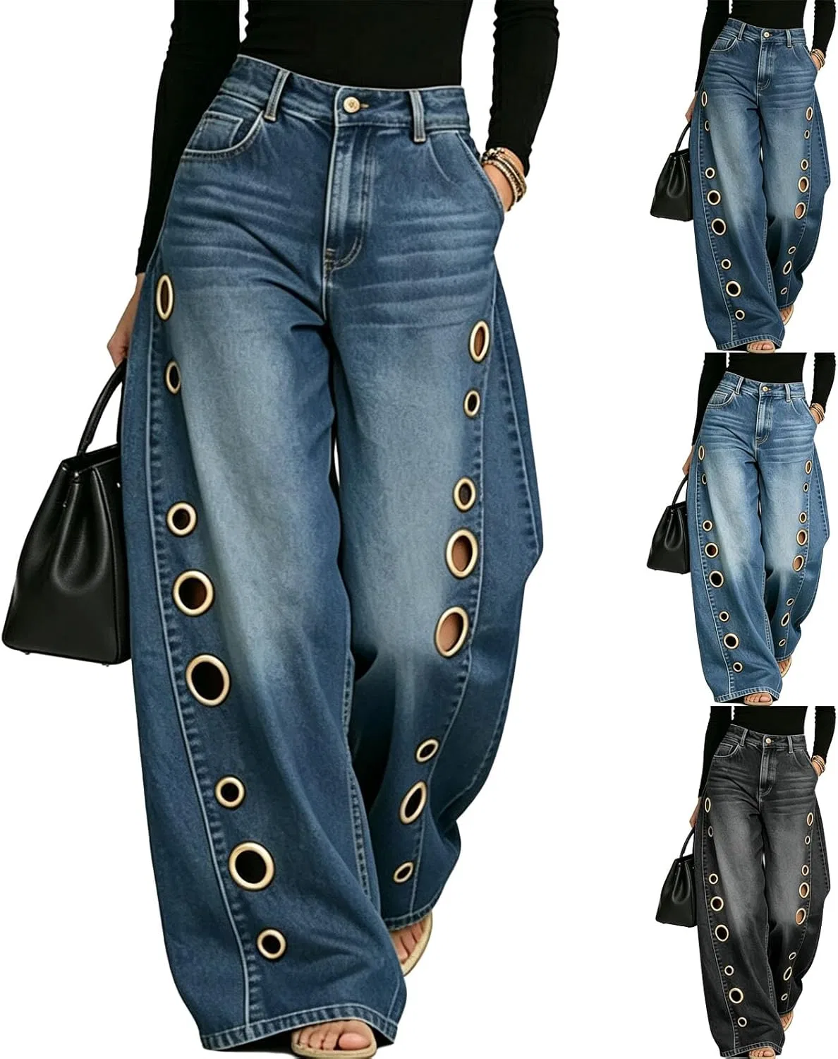 Джинсы женские с вырезами, широкие, Vintage Blue
