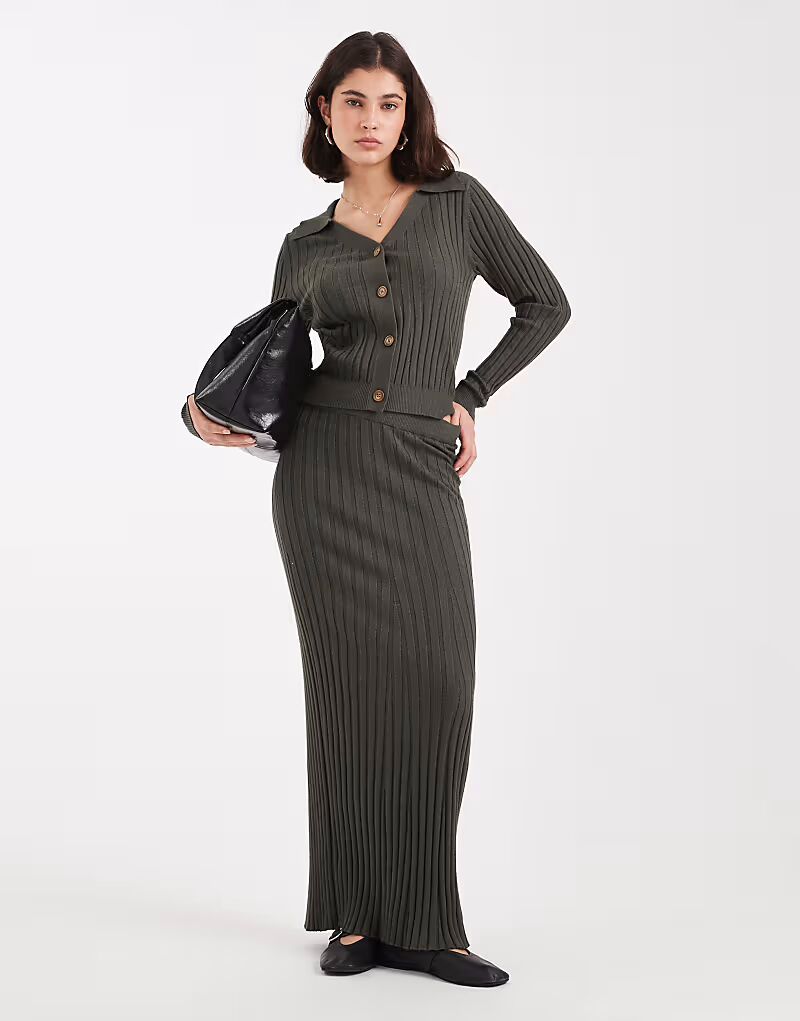 

Юбка макси из трикотажного полотна в рубчик, насыщенного зеленого цвета хаки Object