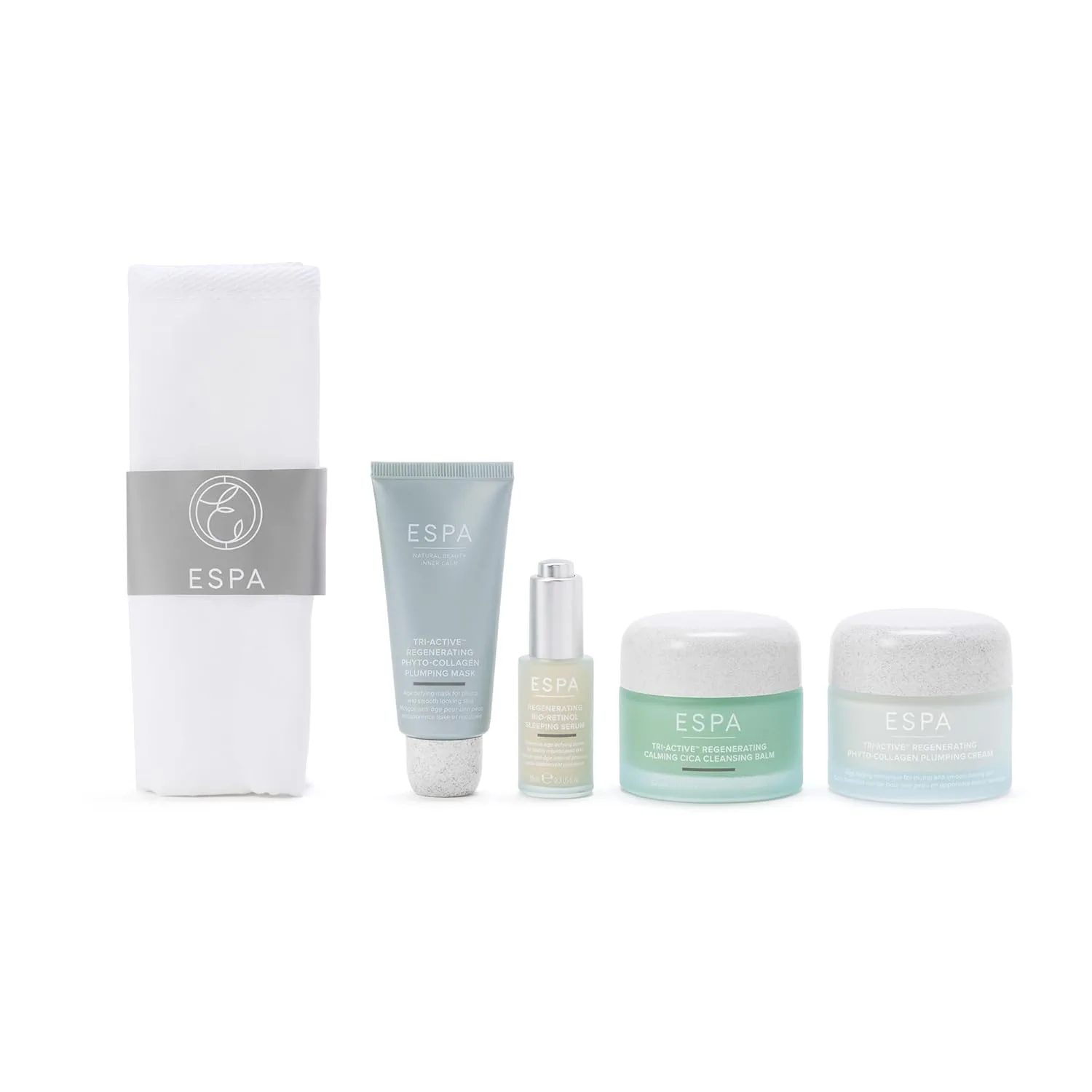 ESPA Luminous Regenerating Collection: антивозрастной набор с фитоколлагеном и биоретинолом для уменьшения морщин и упругости кожи, включает бальзам, крем, сыворотку, маску и салфетку — фото 2
