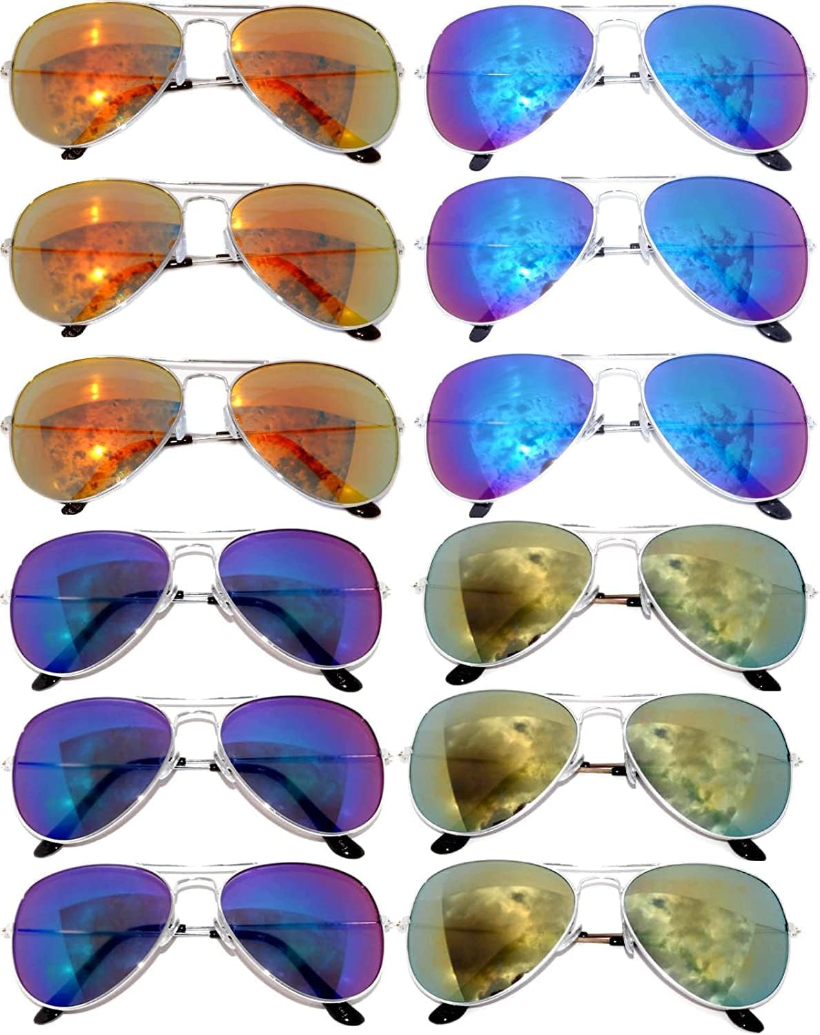 

OWL Набор из 12 солнцезащитных очков-авиаторов в металлической оправе золотого, серебряного и черного цвета для мужчин и женщин, для вечеринок, Silver - Red, Blue, Blugreen, Yellow Mirrored