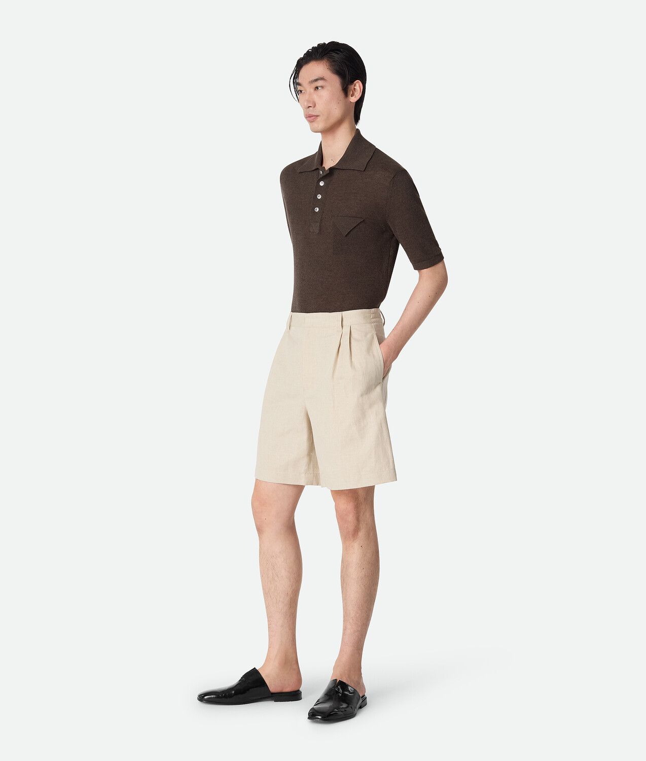 Cotton and linen twill shorts BOTTEGA VENETA, серый меланж/мел — фото 3