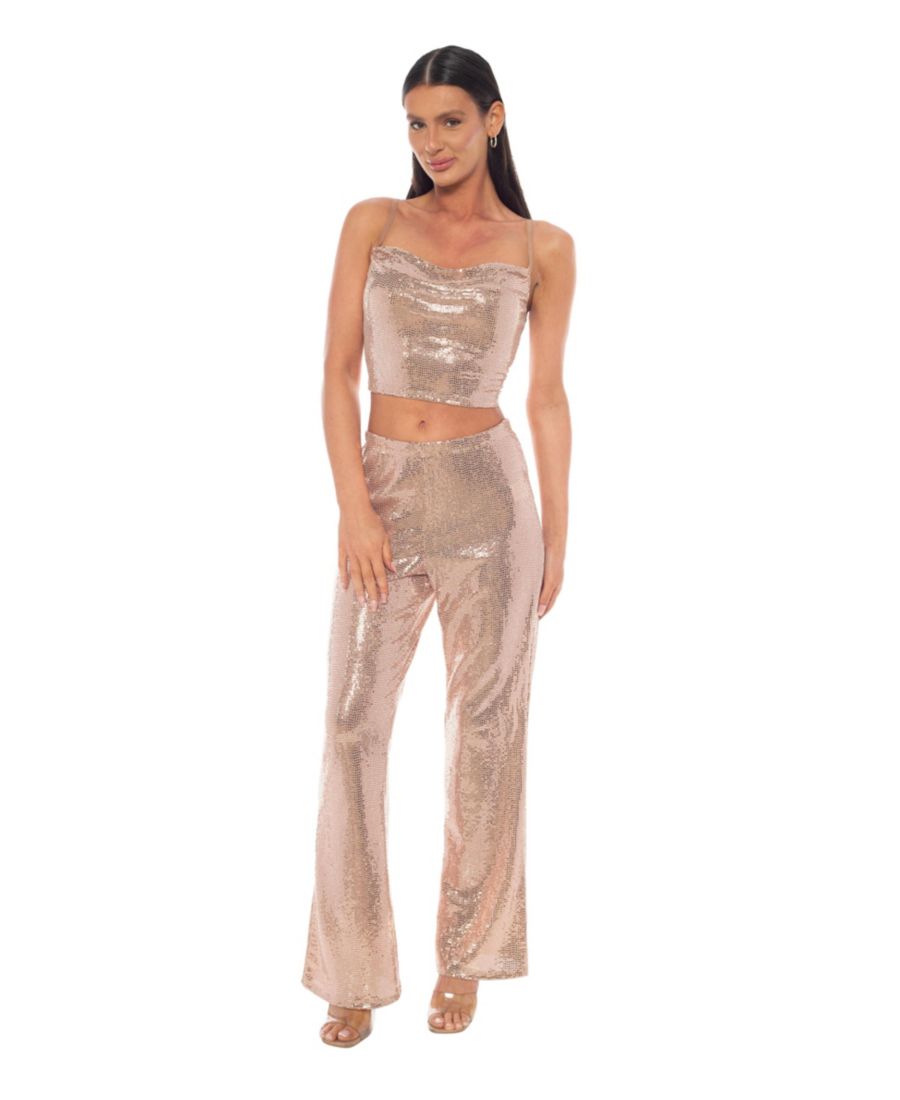 

Женский комплект из двух частей: топ в диско-тучке и брюки-клеш Bebe, Rose gold