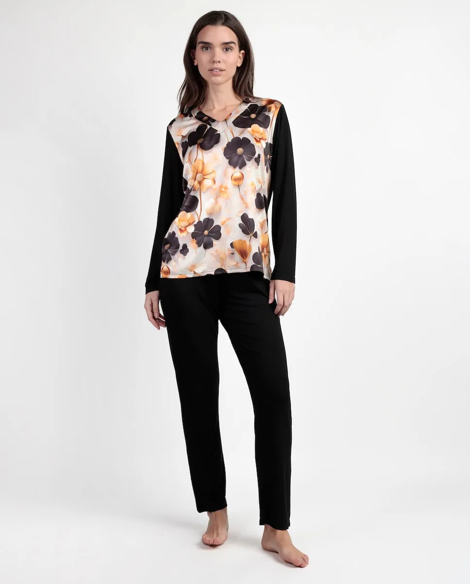 

Длинная женская пижама из сатиновой ткани золотого цвета Admas