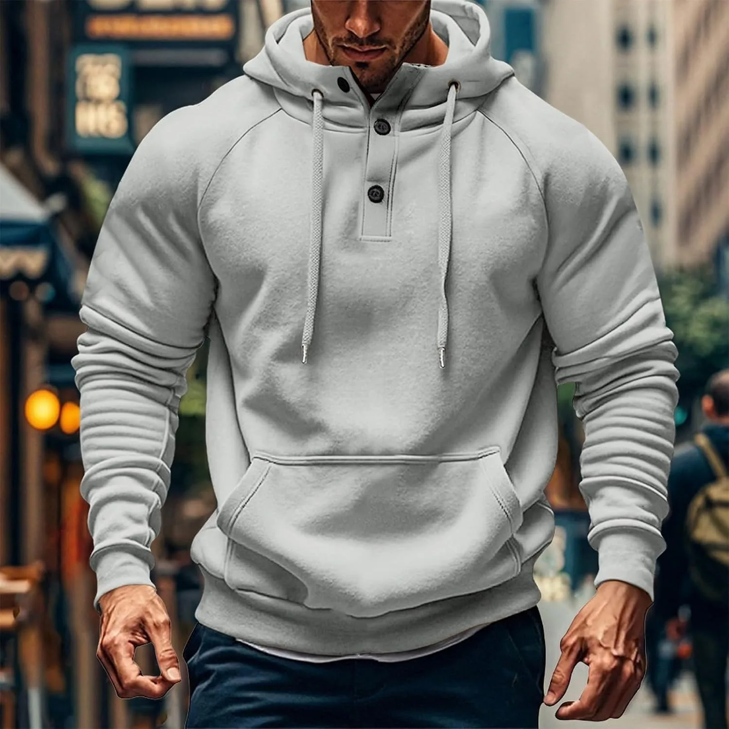 Толстовка с капюшоном на четверть пуговицы мужская, Slim Fit, с карманами — фото 2