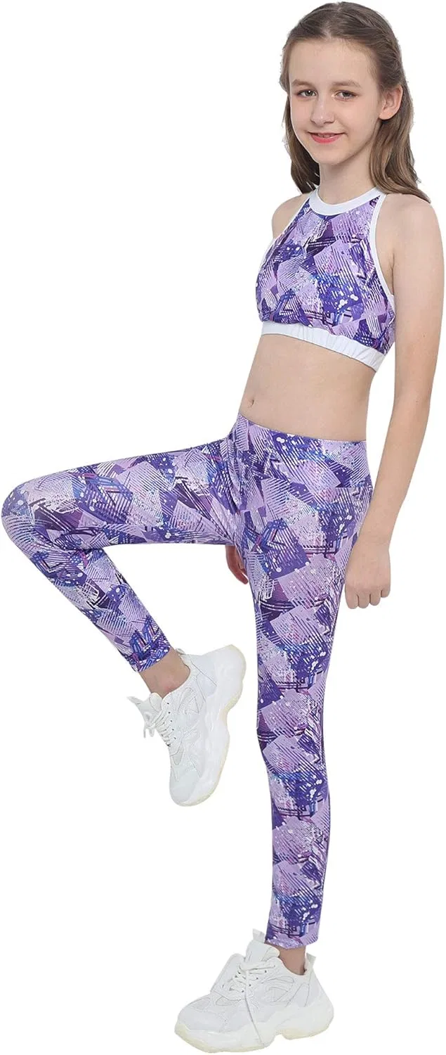 Спортивный комплект для девочек, танцевальный топ и леггинсы, Hansber, Purple Geometric Pat — фото 2