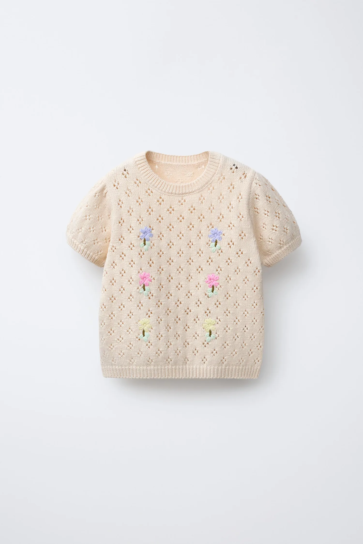 Трикотажный топ с ажурным узором и вышитыми цветами Zara, экрю