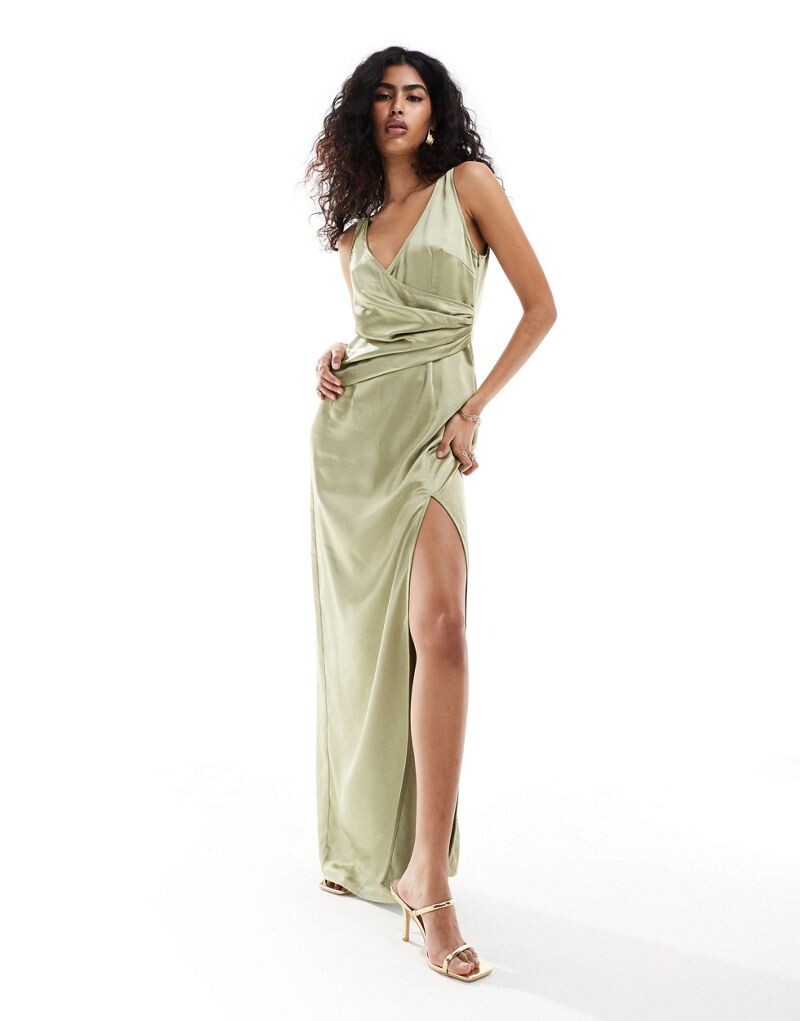 

Оливковое атласное платье макси с запахом Pretty Lavish Bridesmaid