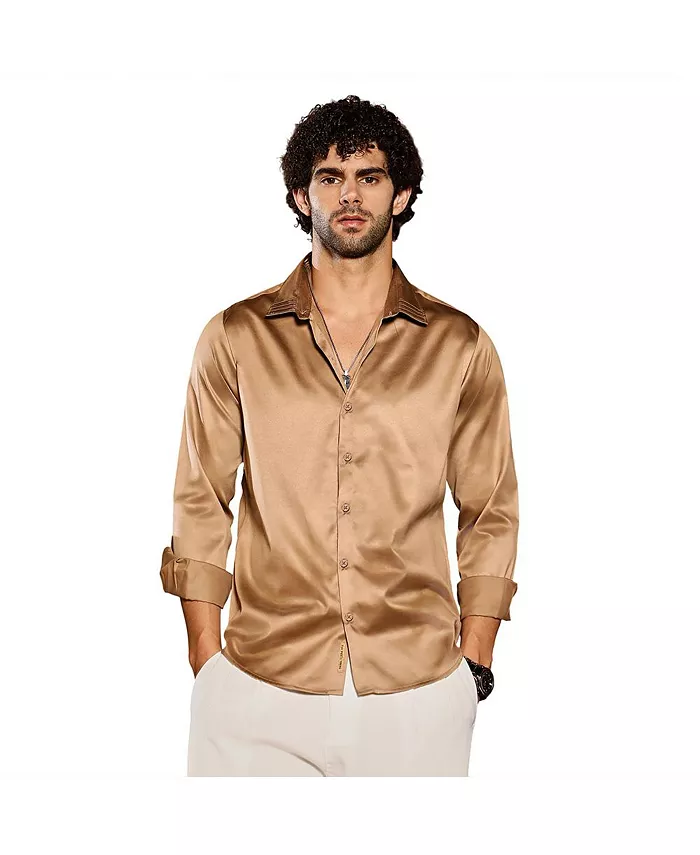 

Мужская рубашка песочного бежевого цвета гладкая атласная Campus Sutra