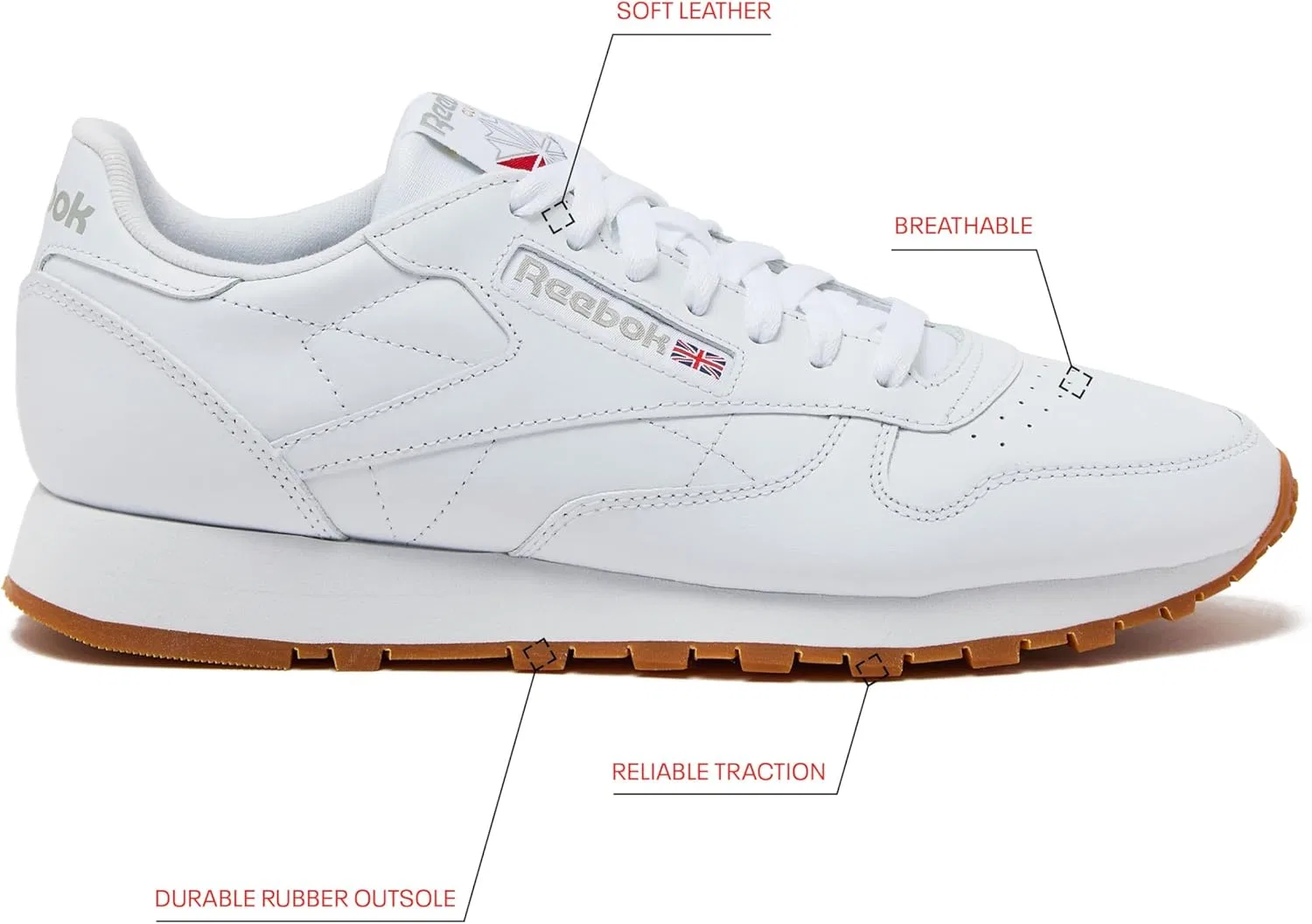Кроссовки Reebok Unisex Klassiek Leer, Footwear White Pure Grey3 Reebok Gum3 — фото 2
