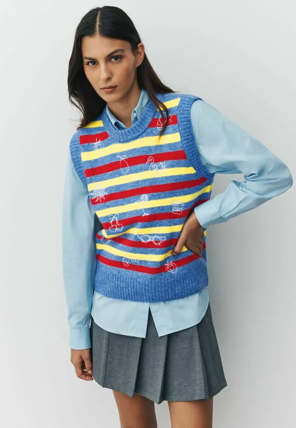 Топ без рукавов с круглым вырезом и стандартным кроем Next, Blue Multi Stripe Embroidery