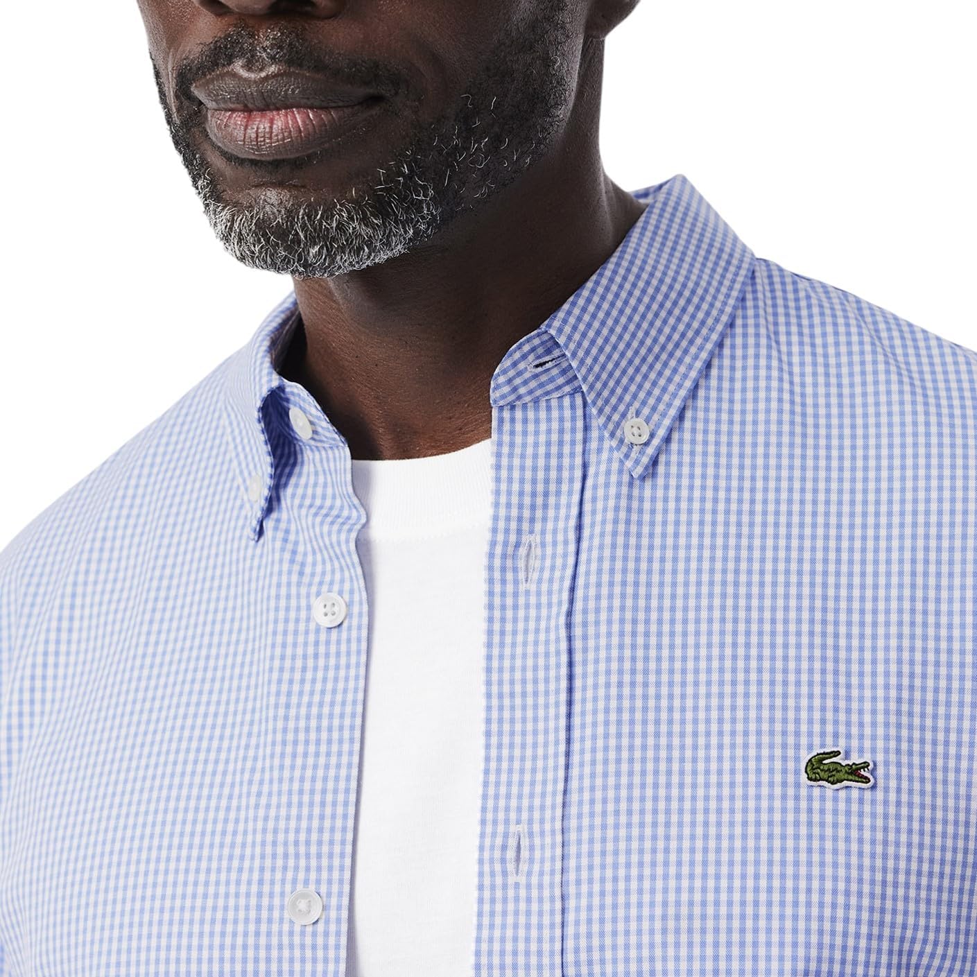 Lacoste мужская длинная рубашка в клетку Gingham на пуговицах, White/Overview Supima Cotton — фото 2