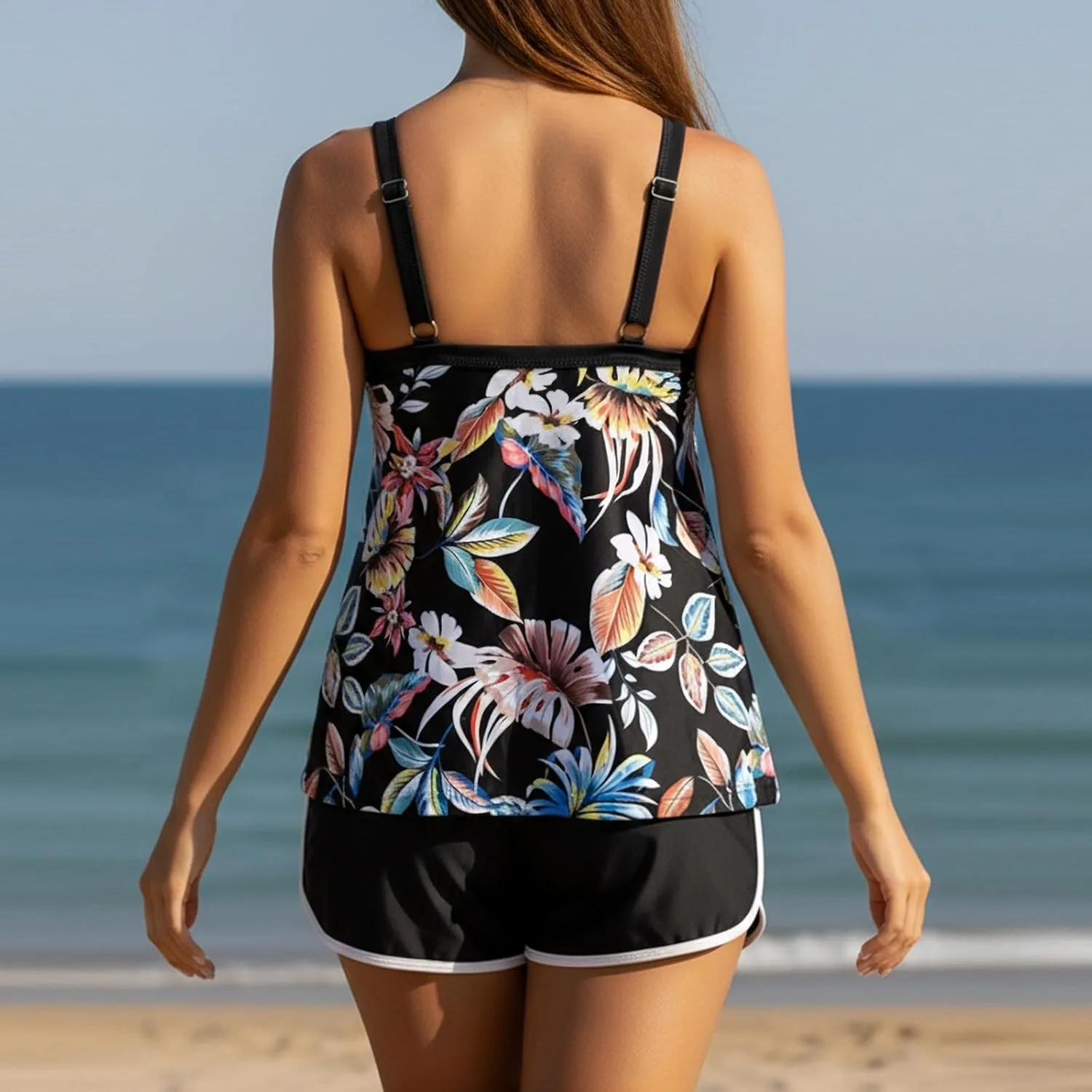 Женский купальник-танкини Plus Size 2 Piece с шортами-бойфрендами, цветочный принт, спортивный топ-блузон для пляжного отдыха Generic, черный — фото 3