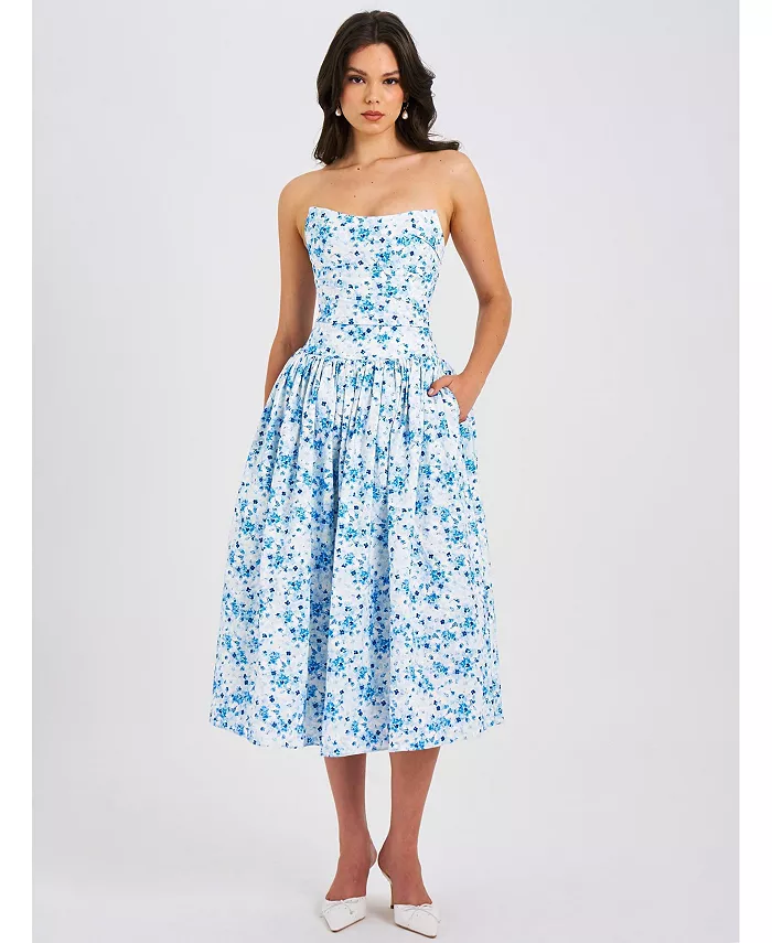

Женское льняное платье-миди Paloma Blue Print с корсетом и драпировкой Miss Circle, синий