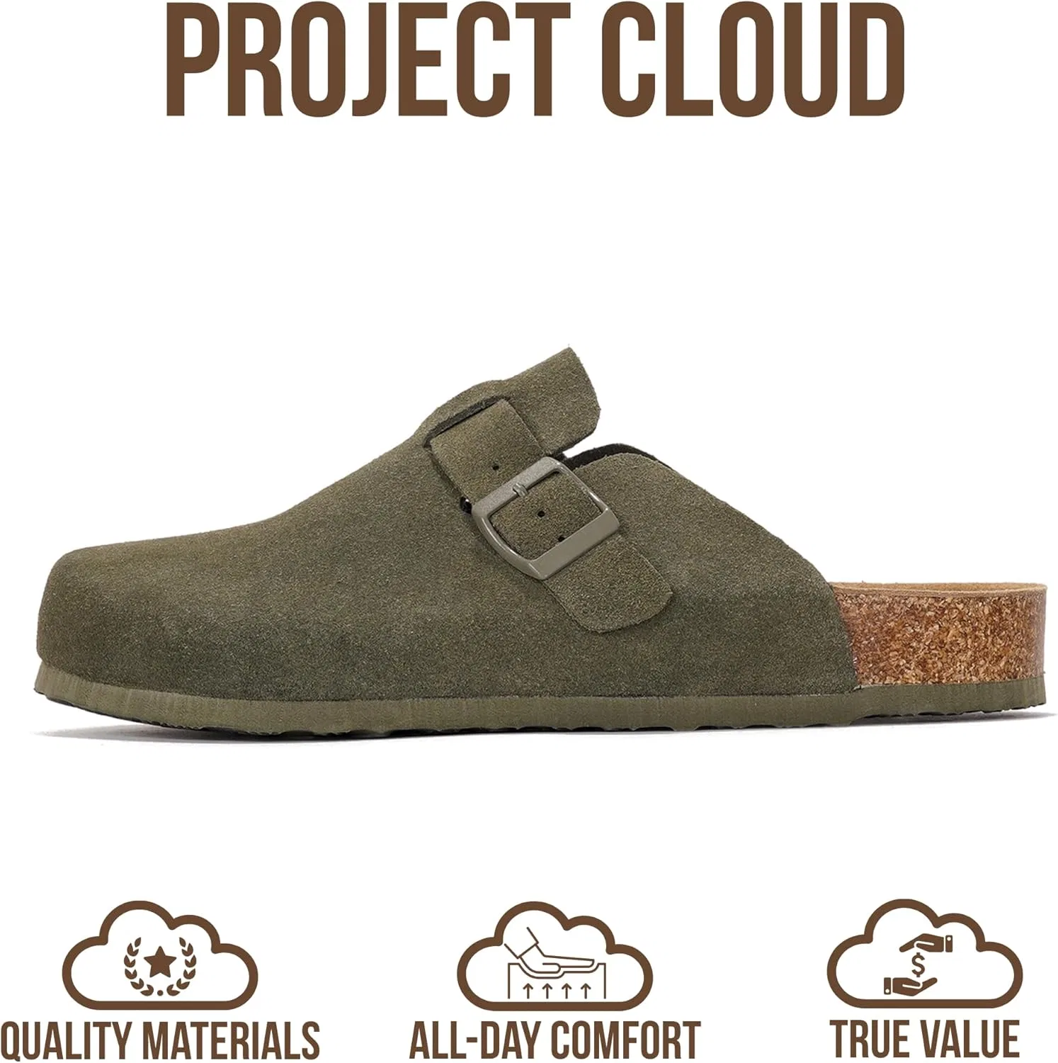 Мужские сабо Project Cloud Brooklyn - сабо из 100% натуральной кожи с стелькой из пеноматериала с эффектом памяти и поддержкой свода стопы, стелькой из натуральной пробки, нескользящей подошвой, мужские домашние тапочки, Olive Suede — фото 4