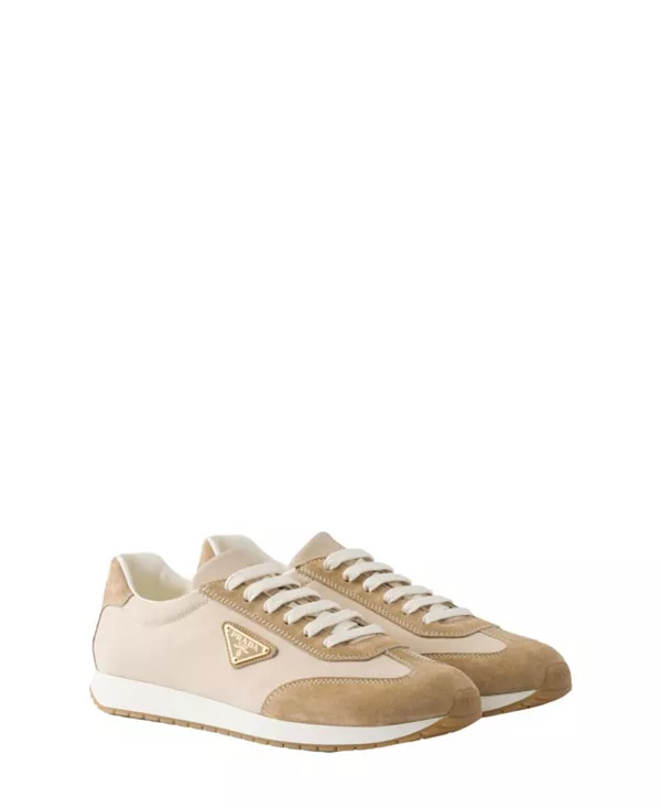 

Мужские кроссовки из саржевой ткани и замши Prada, бежевый
