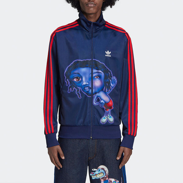 Куртка Men's adidas originals x Kerwin Frost Crossover Cartoon Printing Stripe Stand Collar logo Sports Jacket Blue, синий — фото 3
