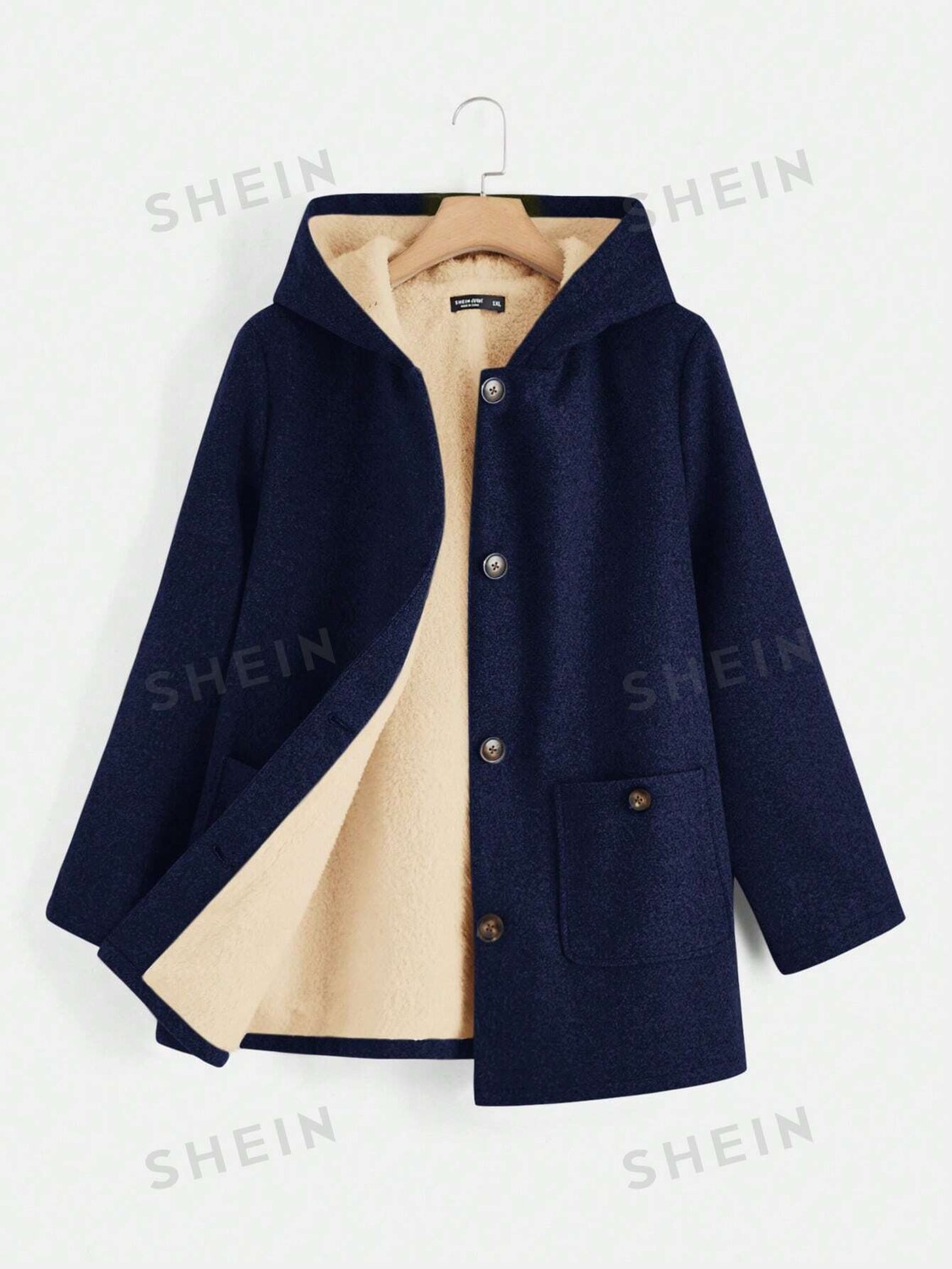 

EZwear Плюс Размер Куртка с двумя карманами на теплой подкладке с капюшоном Shein, темно-синий
