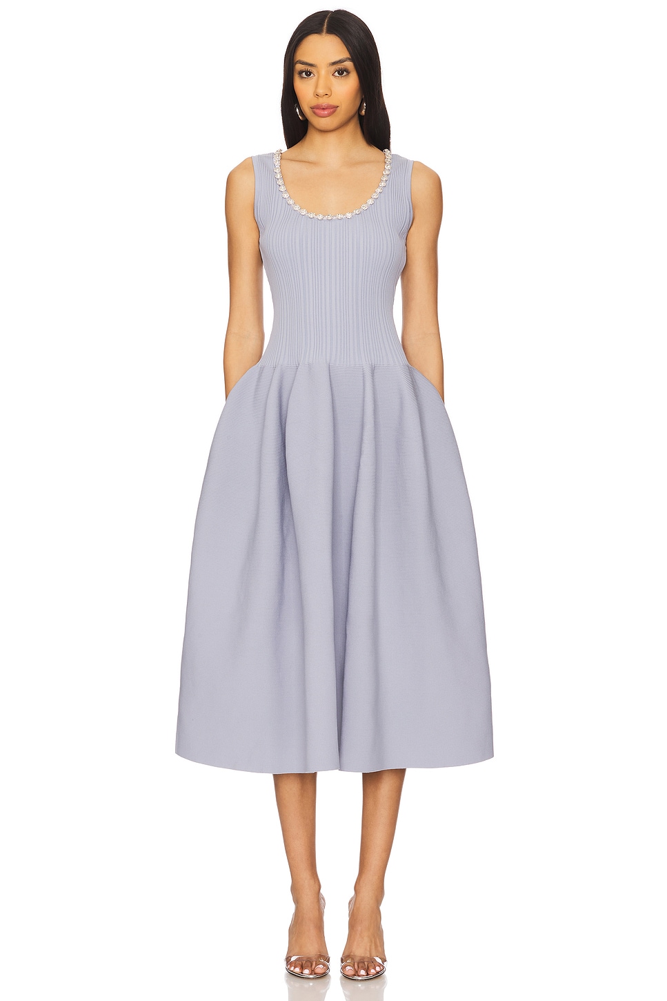 

Вязаное рубчатое платье миди с диамантами Self-Portrait, blue