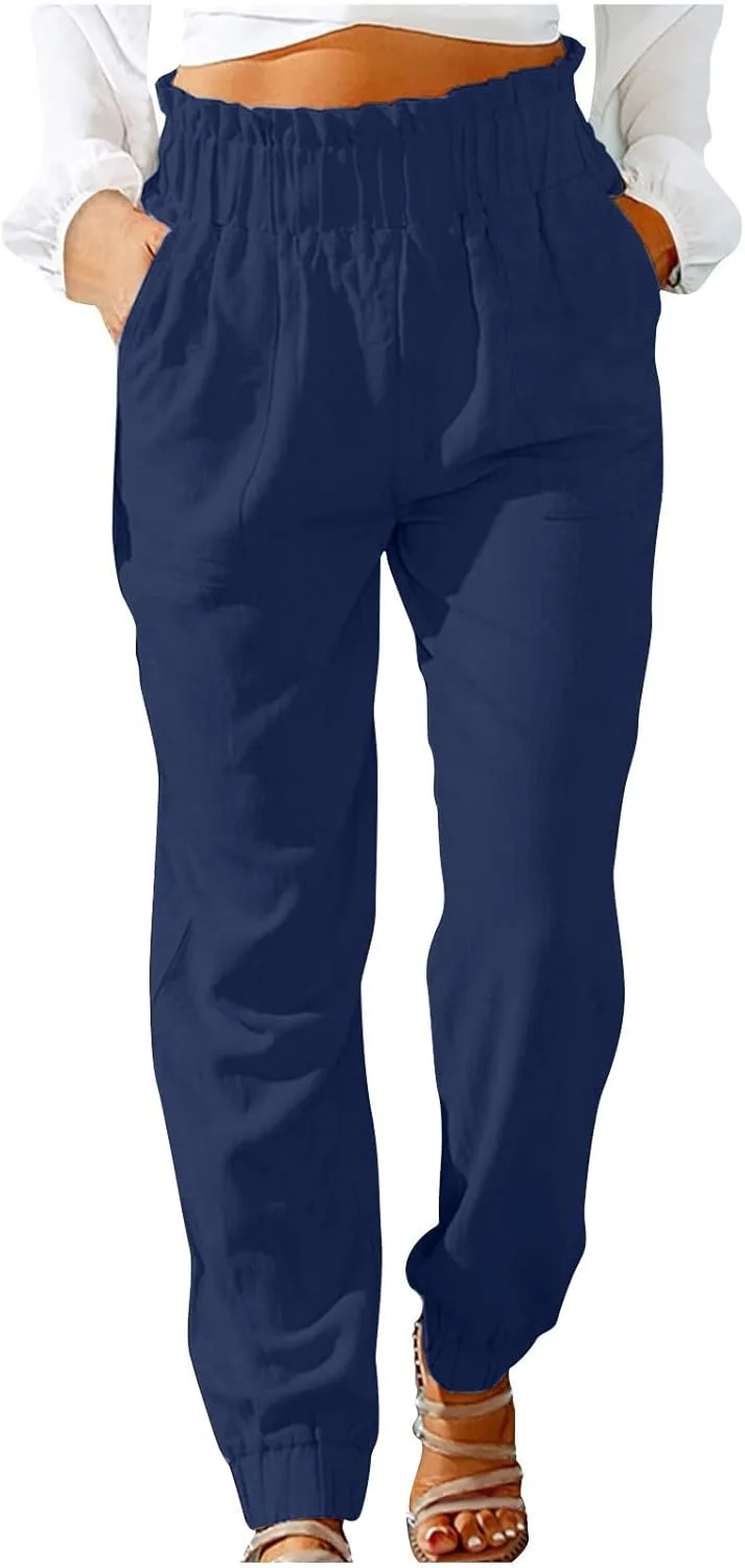 

FZYLQY Льняные брюки Paperbag для женщин с высокой эластичной талией