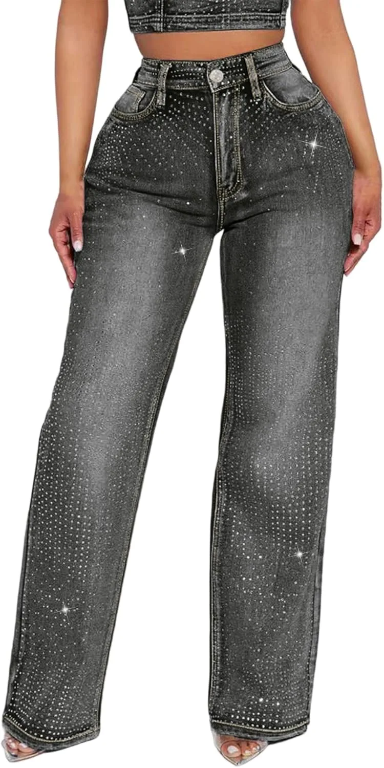

Ptorlio женские джинсы с пайетками и стразами, широкие прямые, с высокой посадкой