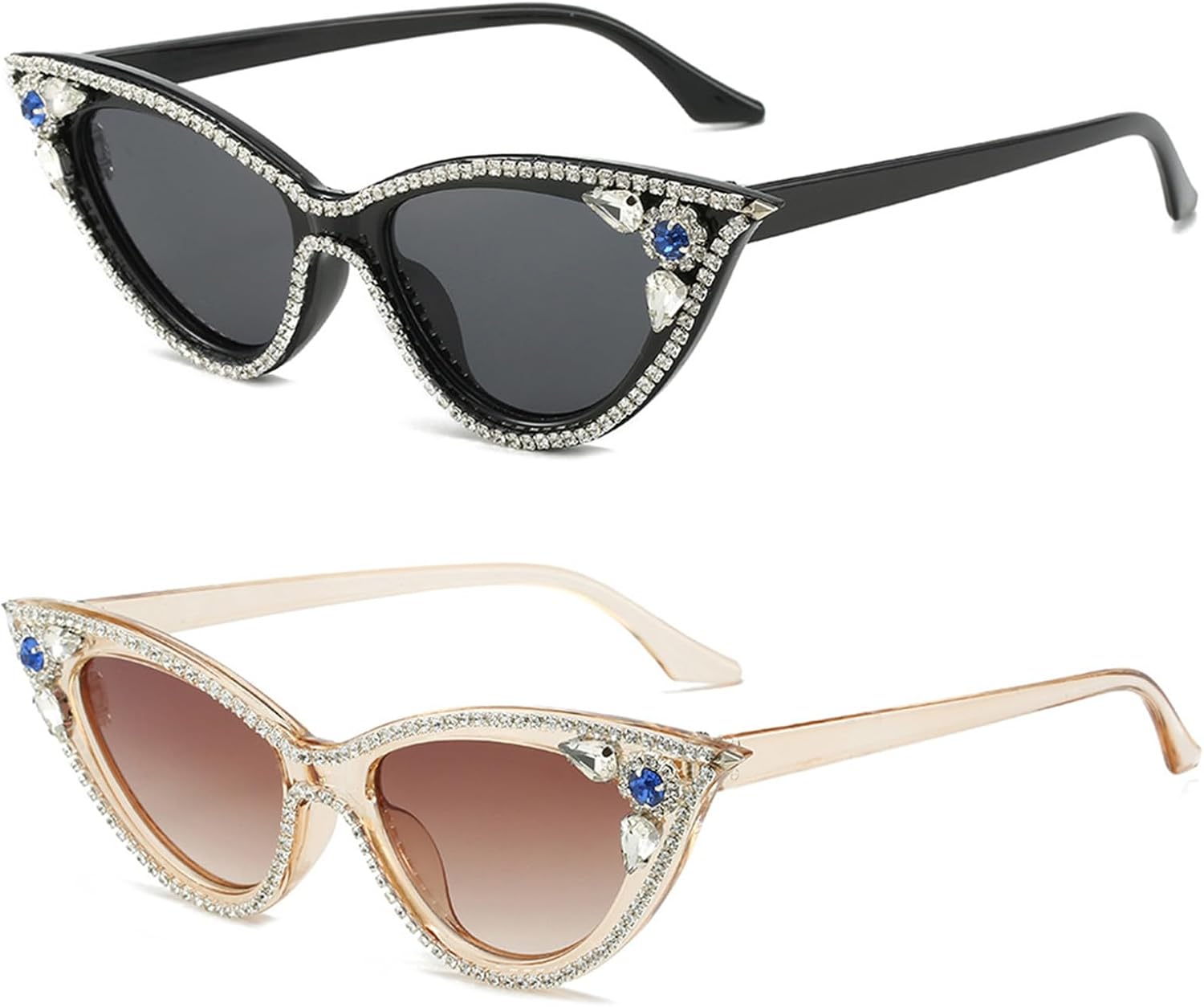 

Willochra Модные солнцезащитные очки «кошачий глаз» с бриллиантами для женщин, блестящие солнцезащитные очки со стразами, розовые, для вечеринок, с защитой от УФ-излучения, 2pcs-black&champagne