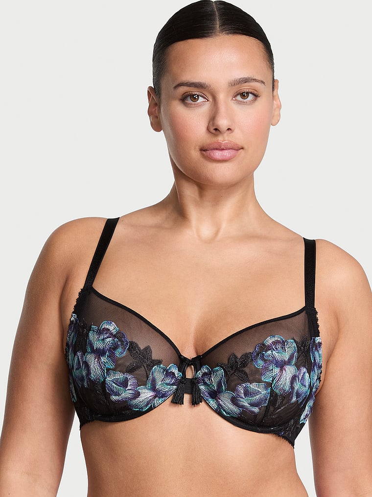 

Великолепный бюстгальтер без подкладки с вышитыми цветами орхидеи от Victoria's Secret с закрытыми чашками Very Sexy, embroidery black electric orchid