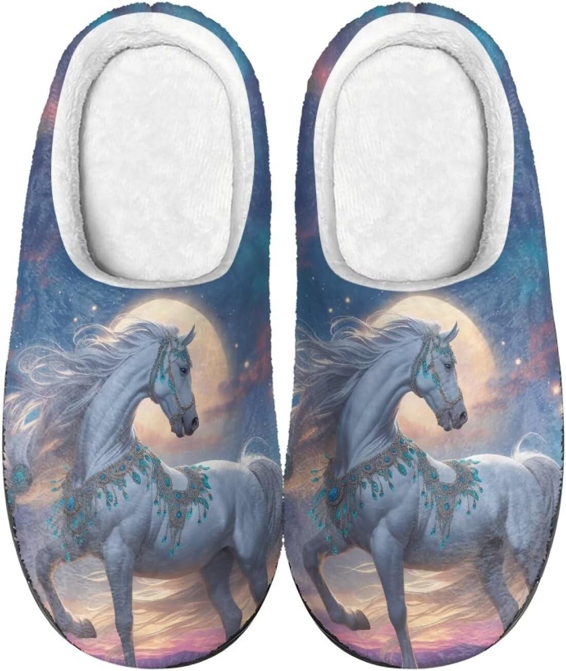 

Тапочки Xpyiqun для женщин и мужчин, домашние слипоны, пушистые теплые зимние тапочки, размер 4-12, Western Horse Moon