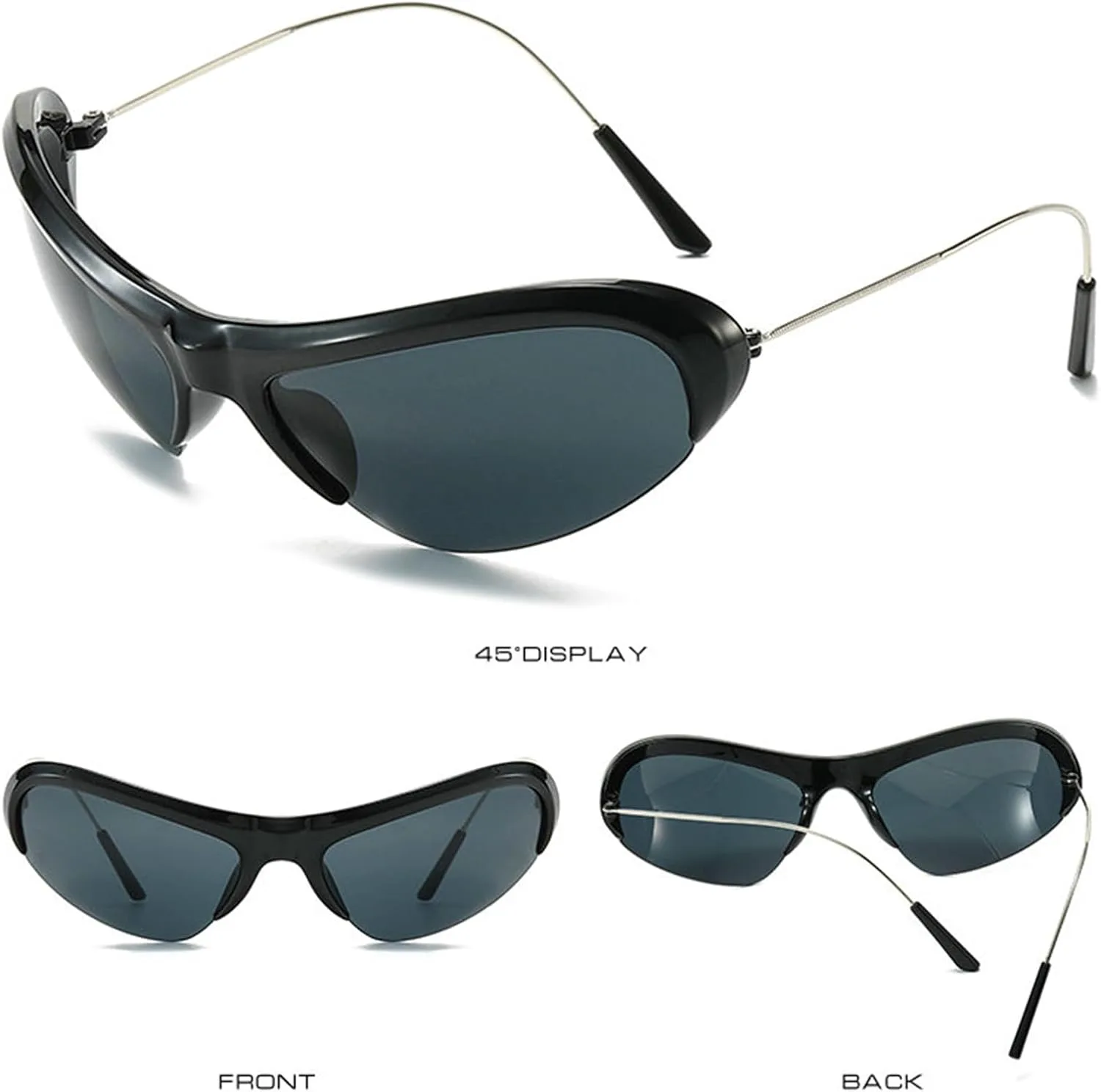 

Солнцезащитные очки Willochra Fashion Half Frame Cat Eye Y2K для женщин, в стиле хип-хоп, для мужчин, стильные очки для вождения и спорта, 2pcs-black&silver