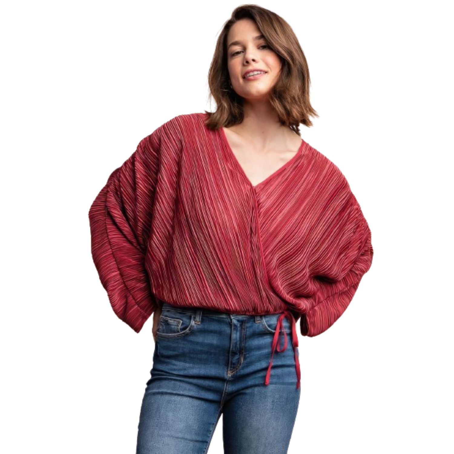 

Атласный плиссированный топ с завязками на кнопках FASHNZFAB, цвет burgundy