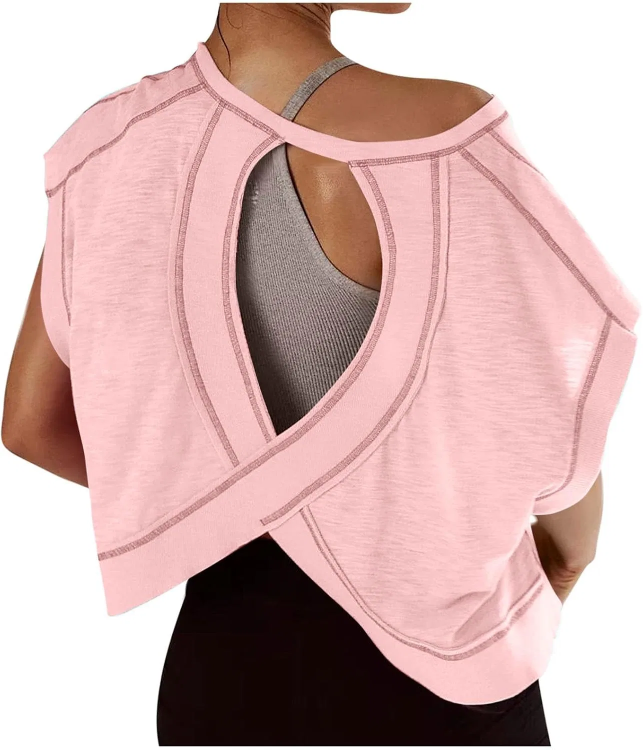 Футболка с открытой спиной для женщин, Y2K, короткий рукав, облегающая, A03#pink — фото 2