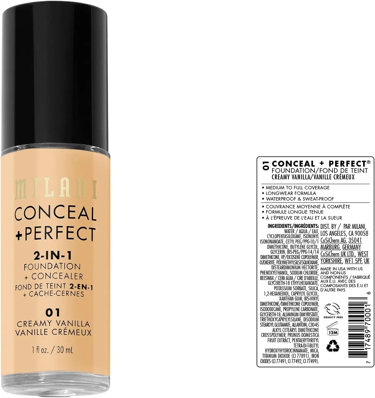 Тональное средство Milani Conceal + Perfect 2-In-1 Foundation + Concealer, 30 мл, кремовый ванильный — фото 2