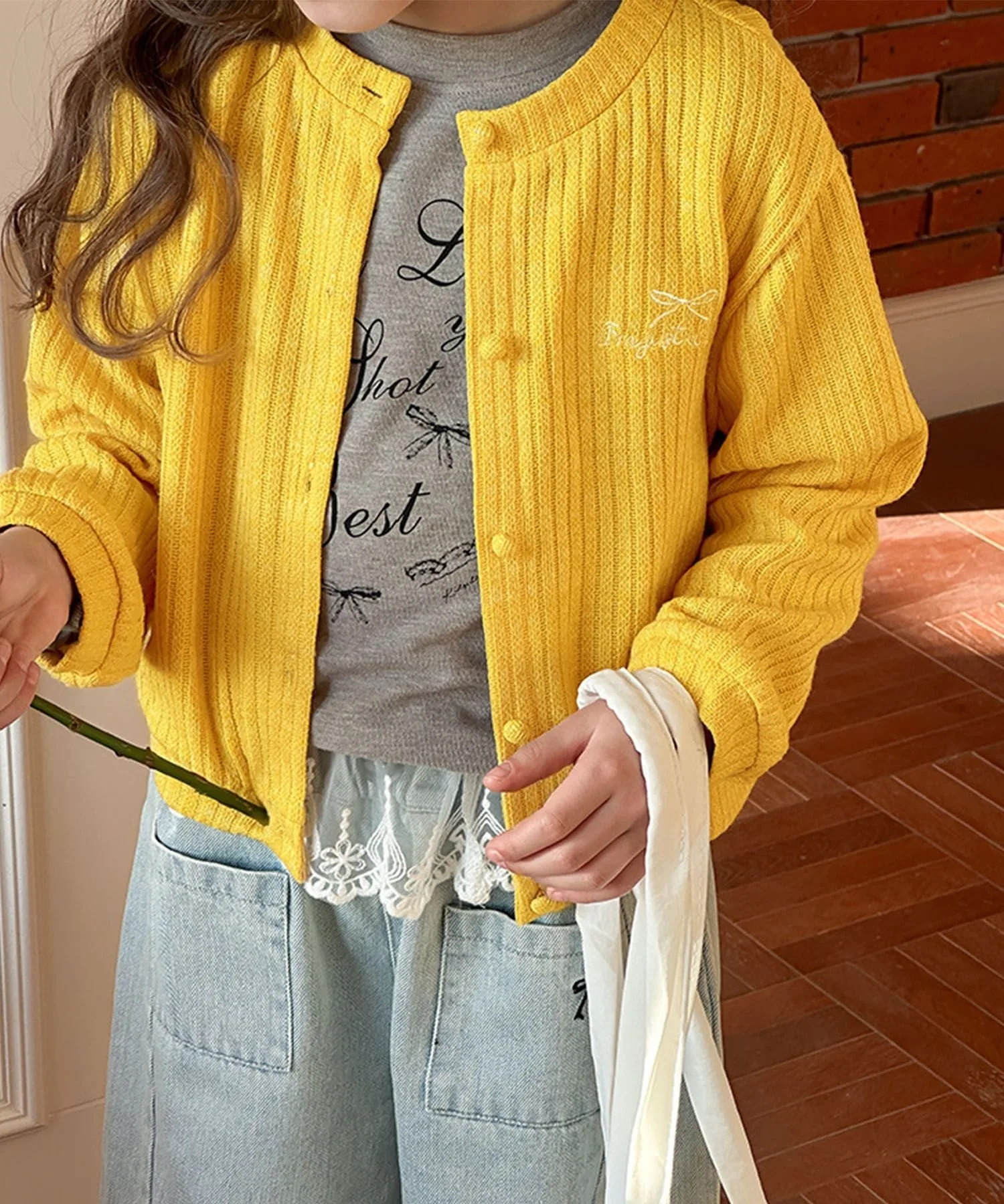 Детский ребристый кардиган с вышивкой Aimoha Kids, Yellow — фото 3
