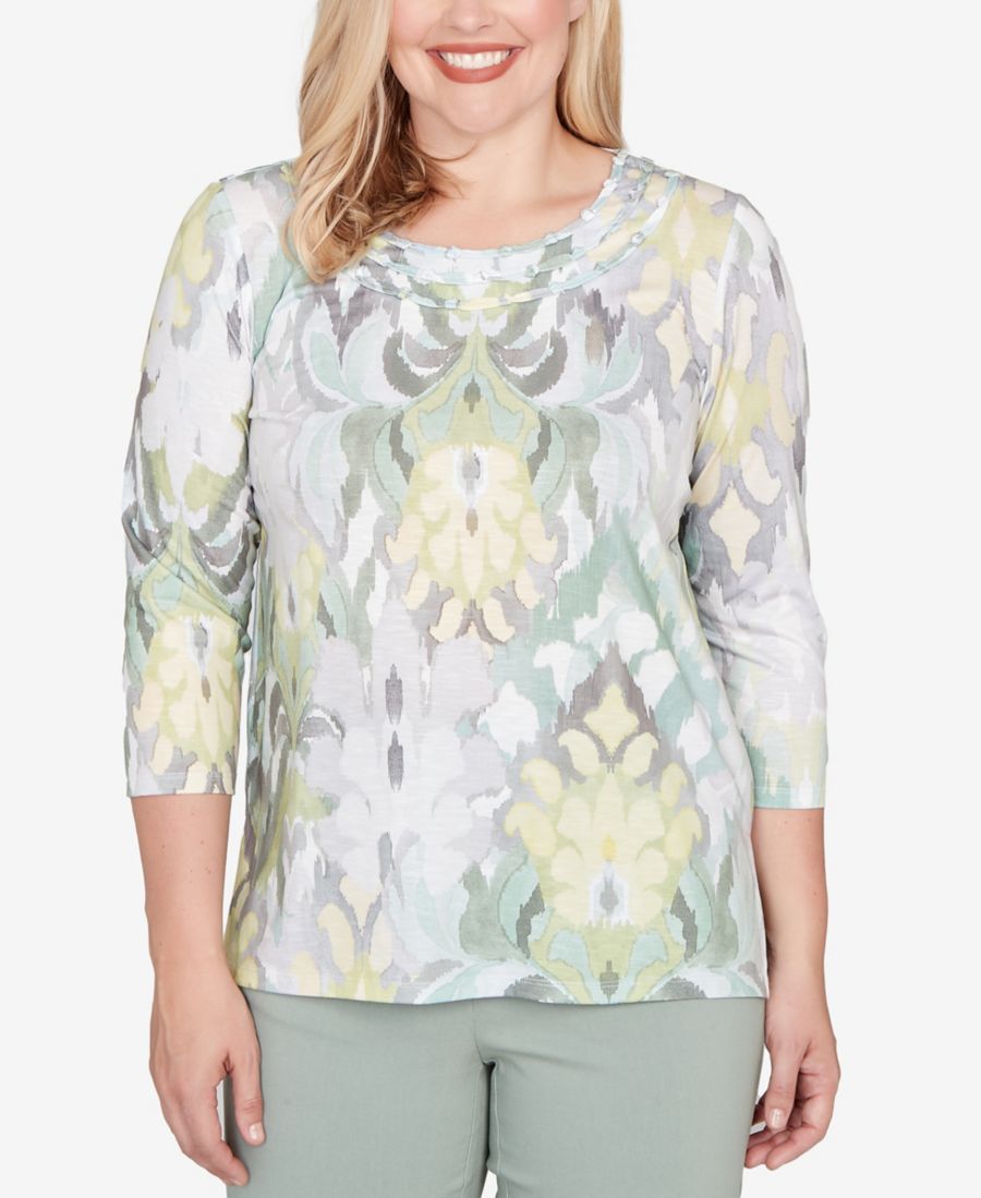 

Вязаный топ большого размера Stockbridge с узором икат и медальонами, мягкий Alfred Dunner, Multi Green