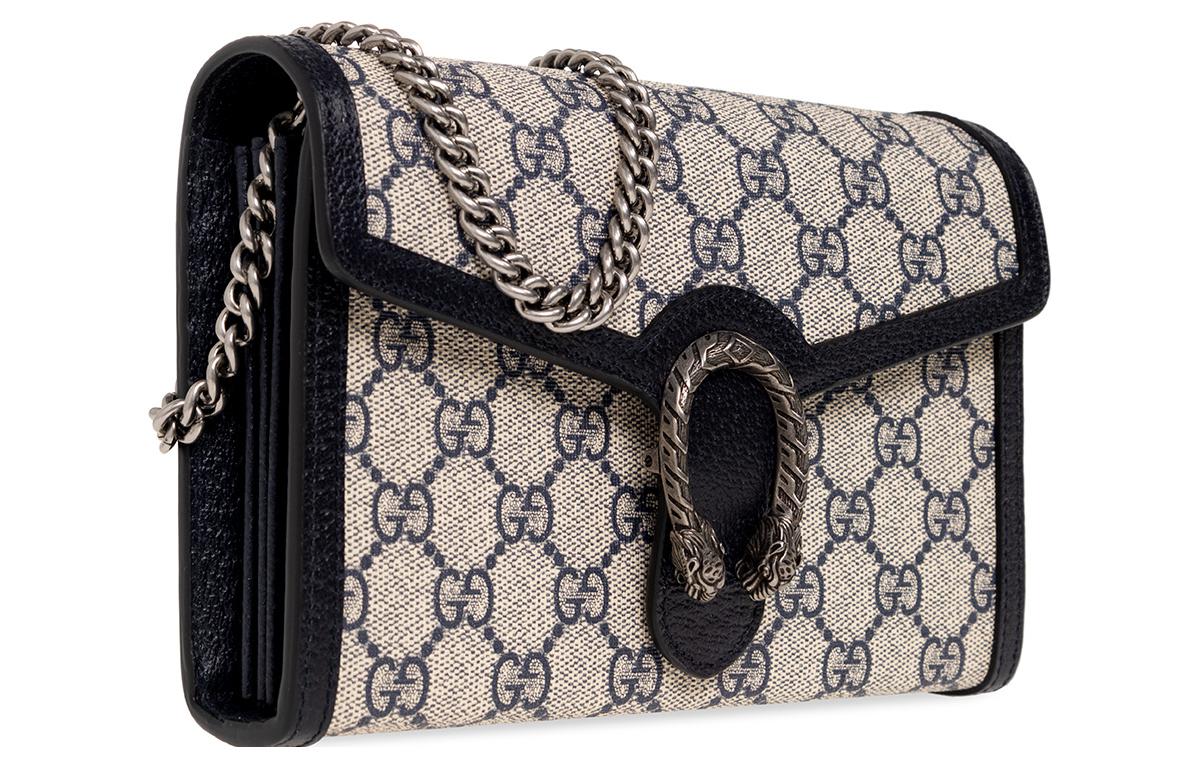 Мини-сумка Gucci Dionysus с канвой и кожаной цепочкой, женская, бежево-синяя — фото 3