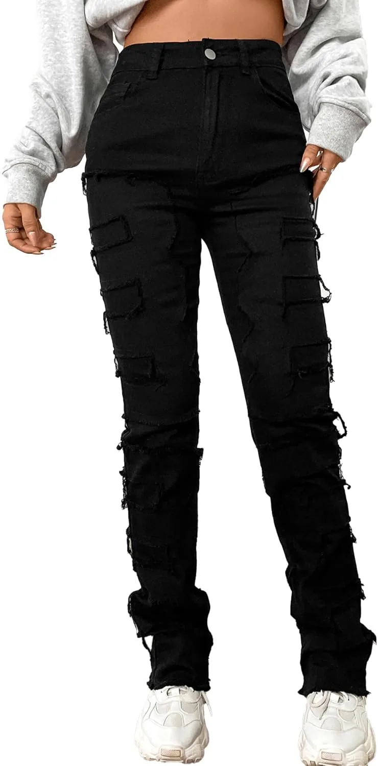 

Conshvi женские джинсы skinny straight leg с высокой посадкой, стрейч и потертости