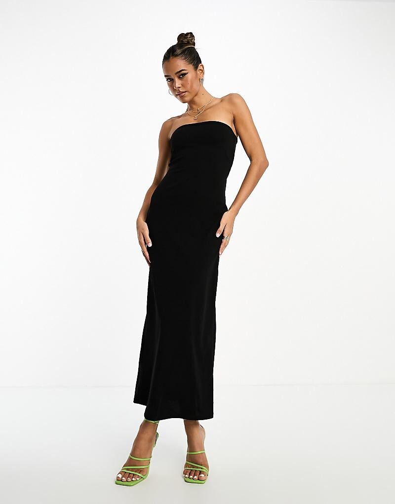 

ASOS DESIGN – Черное платье макси с вырезом-бандо и разрезом внизу