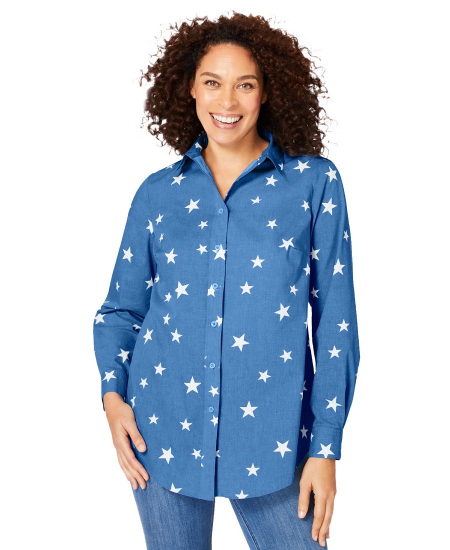 

Рубашка с длинным рукавом идеального размера для полных женщин Woman Within, Blue chambray stars