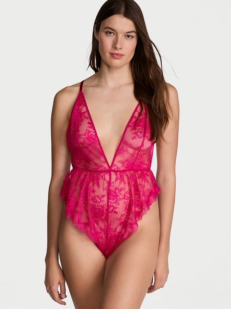 

Комбинезон с глубоким вырезом из розового кружева Victoria'S Secret, розовый