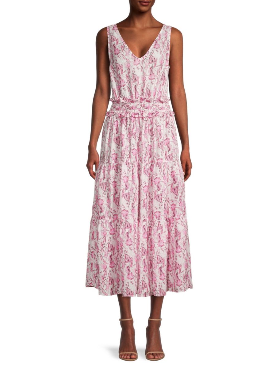 

Льняное многоярусное платье миди с цветочным принтом Resort 120% Lino, цвет Pink Floral