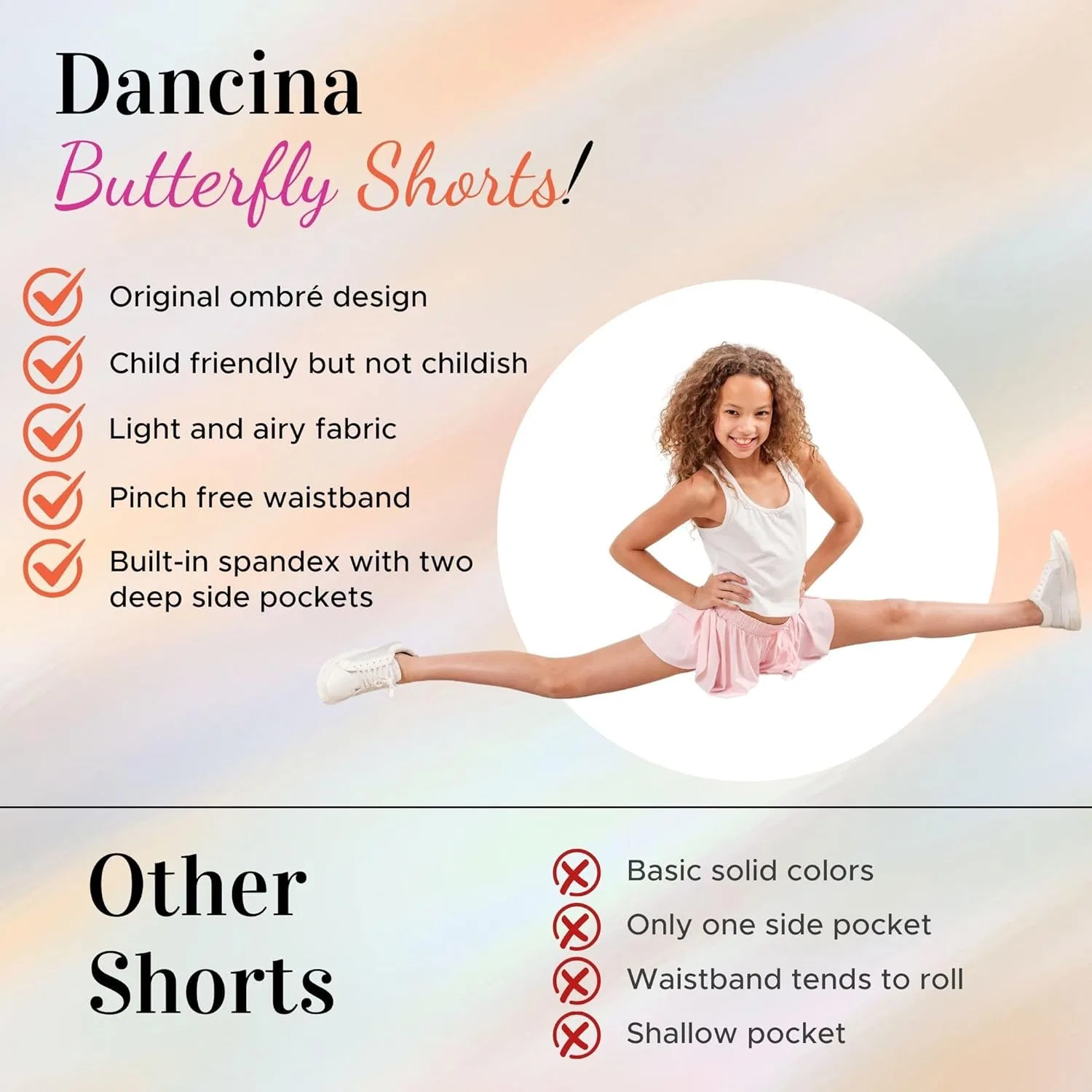 Шорты Dancina Girls Ombre Butterfly Shorts - струящиеся спортивные шорты-юбка 2-в-1 в стиле преппи с внутренними карманами и подкладкой для детей от 2 до 16 лет, Ombre Galaxy — фото 4