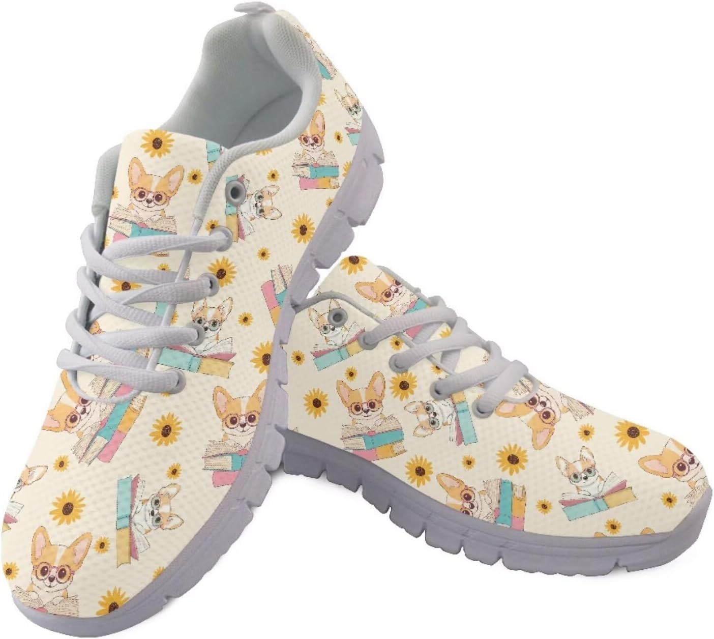 

Кроссовки Jeiento с шнуровкой для спорта и бега для женщин и мужчин с животным принтом, спортивная обувь для ходьбы, противоскользящие кроссовки для джоггинга, Corgi Dogs Sunflowers