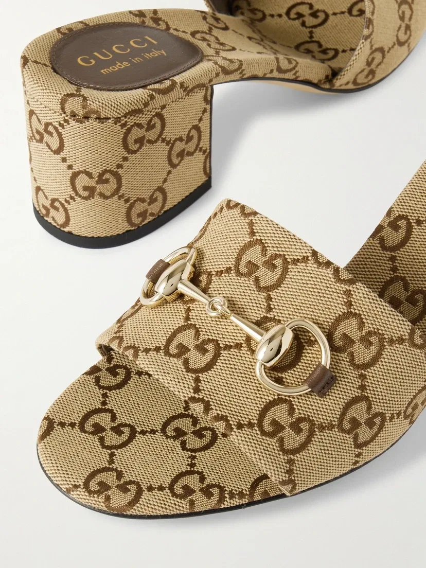 Мюли из жаккардового полотна с декором Horsebit GUCCI, коричневый — фото 4