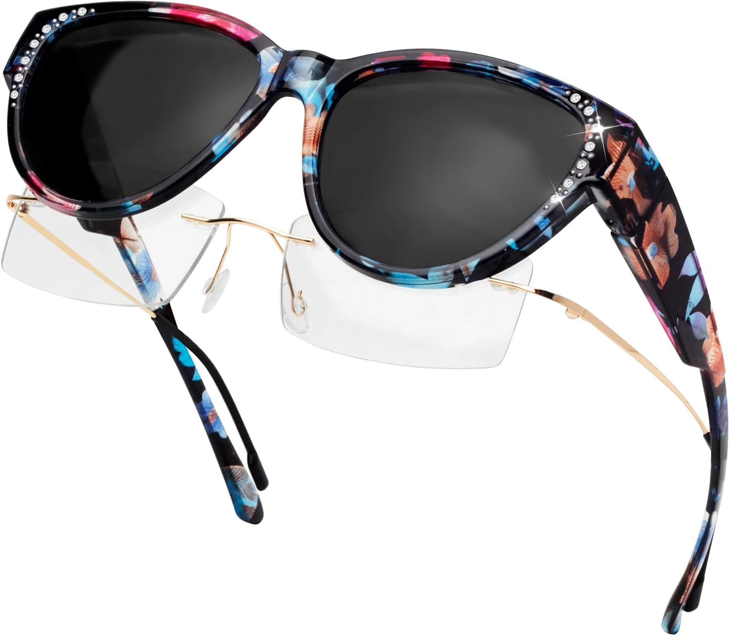 

Солнцезащитные очки с поляризованными линзами и стразами, надеваемые поверх обычных очков, легкие, с защитой от УФ-излучения UV400, для женщин Face Shadow, Floral Frame / Grey Lens