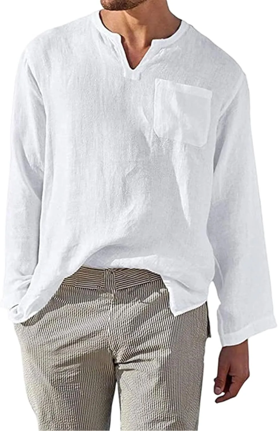 

Мужская льняная рубашка с длинным рукавом и V-образным вырезом