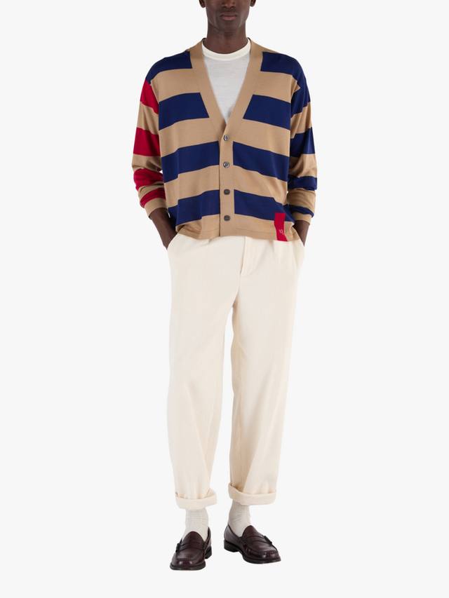 

Кардиган V-образного выреза с контрастными рукавами в полоску из мериносовой шерсти John Smedley, Light Camel / Ink