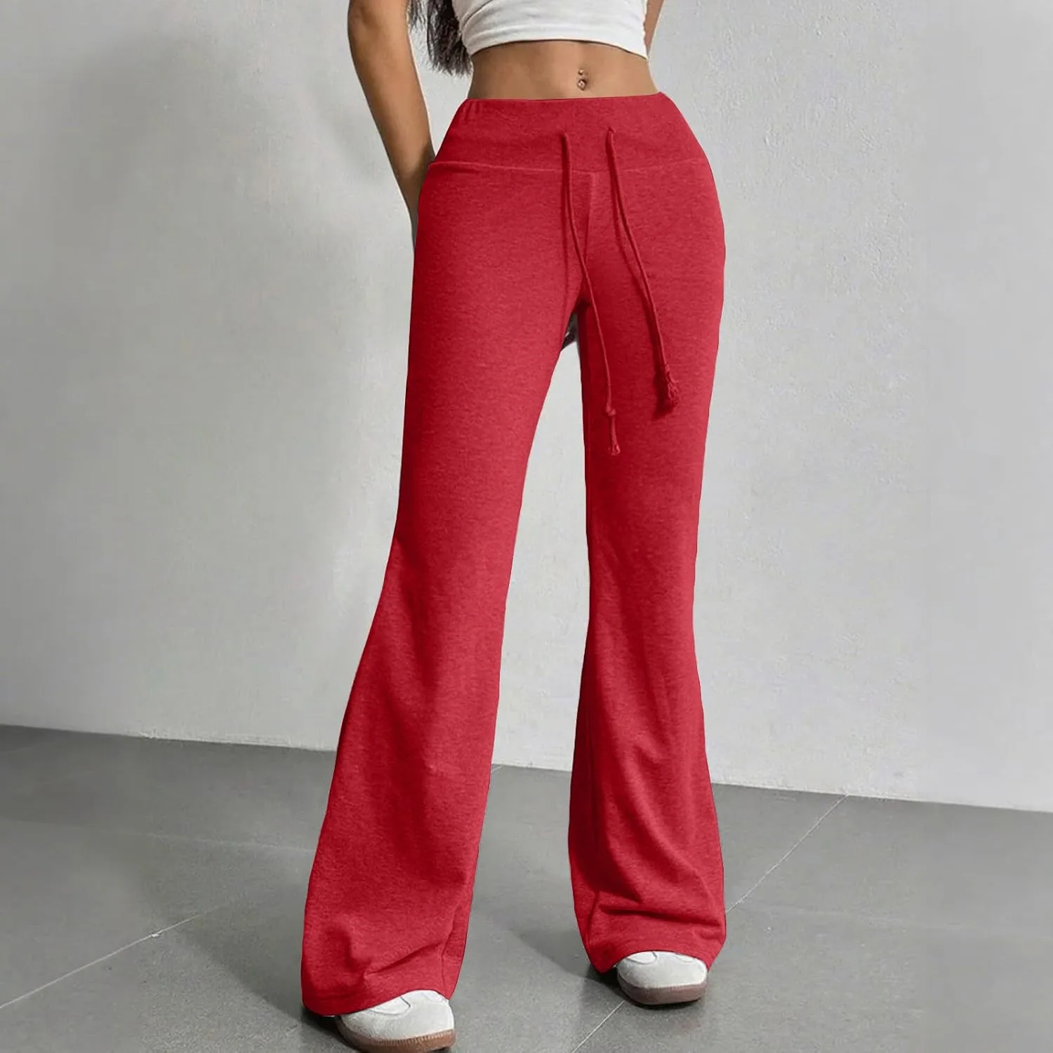 Леггинсы Flare Leggings для женщин Y2K с кулиской, эластичной талией, расклешенные, йога-штаны, мешковатые, для тренировок, спортивные, широкие, свитшот Generic, красный — фото 2