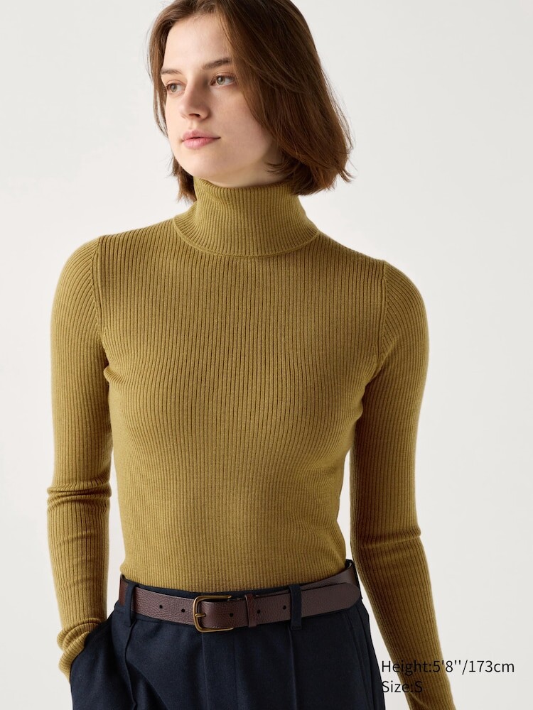 Водолазка из мериносовой шерсти в рубчик Uniqlo, цвет 47 желтый