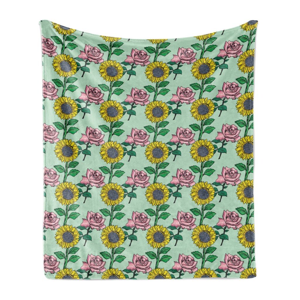 

Мягкое фланелевое флисовое одеяло ABAKUHAUS Flower, подсолнухи и розы, уютный плюш для использования в помещении и на открытом воздухе, 125 x 175 см, мятно-зеленый, многоцветный