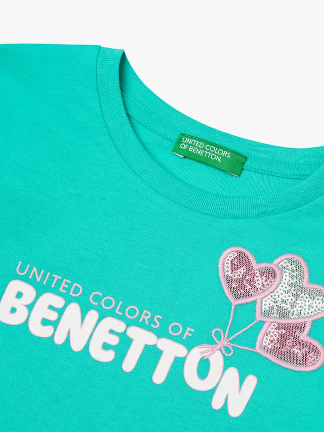 Детская хлопковая футболка с пайетками и коротким рукавом Benetton, Teal Green — фото 3